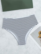 Striped Print Bandeau Two Piece Swimsuit, Army Green Strapless Tube Top, High Rise Black & White Striped Bottom Bikini Sets, Women's Swimwear & Clothing -