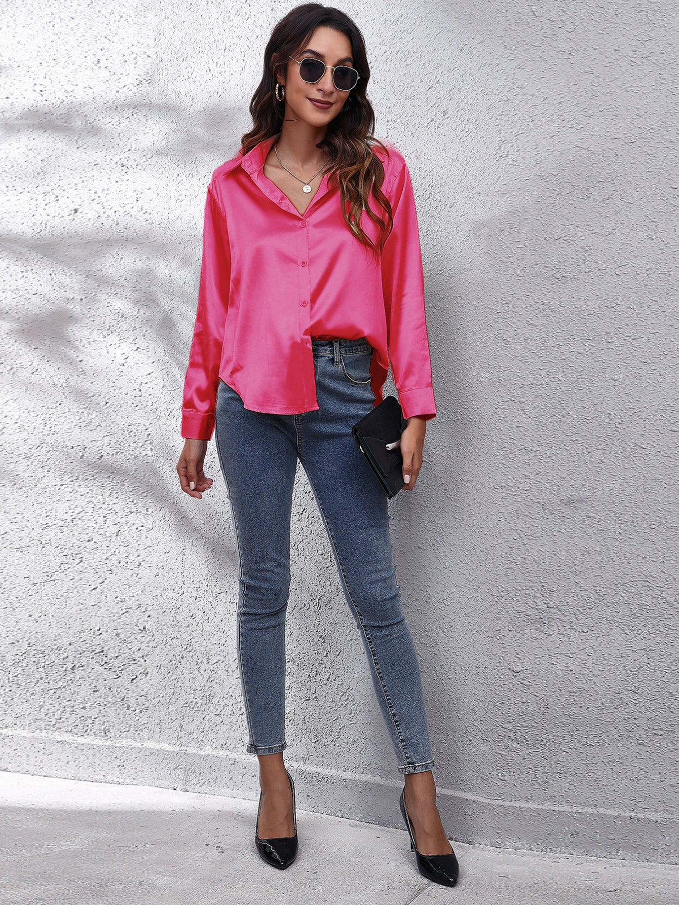 Elegant Satin-Finish Long Sleeve Blouse for Women - Chic Solid Color, Non-Stretch Fabric, Perfect for Spring/Fall, Ideal for Formal Occasions, Ladies Blouses -