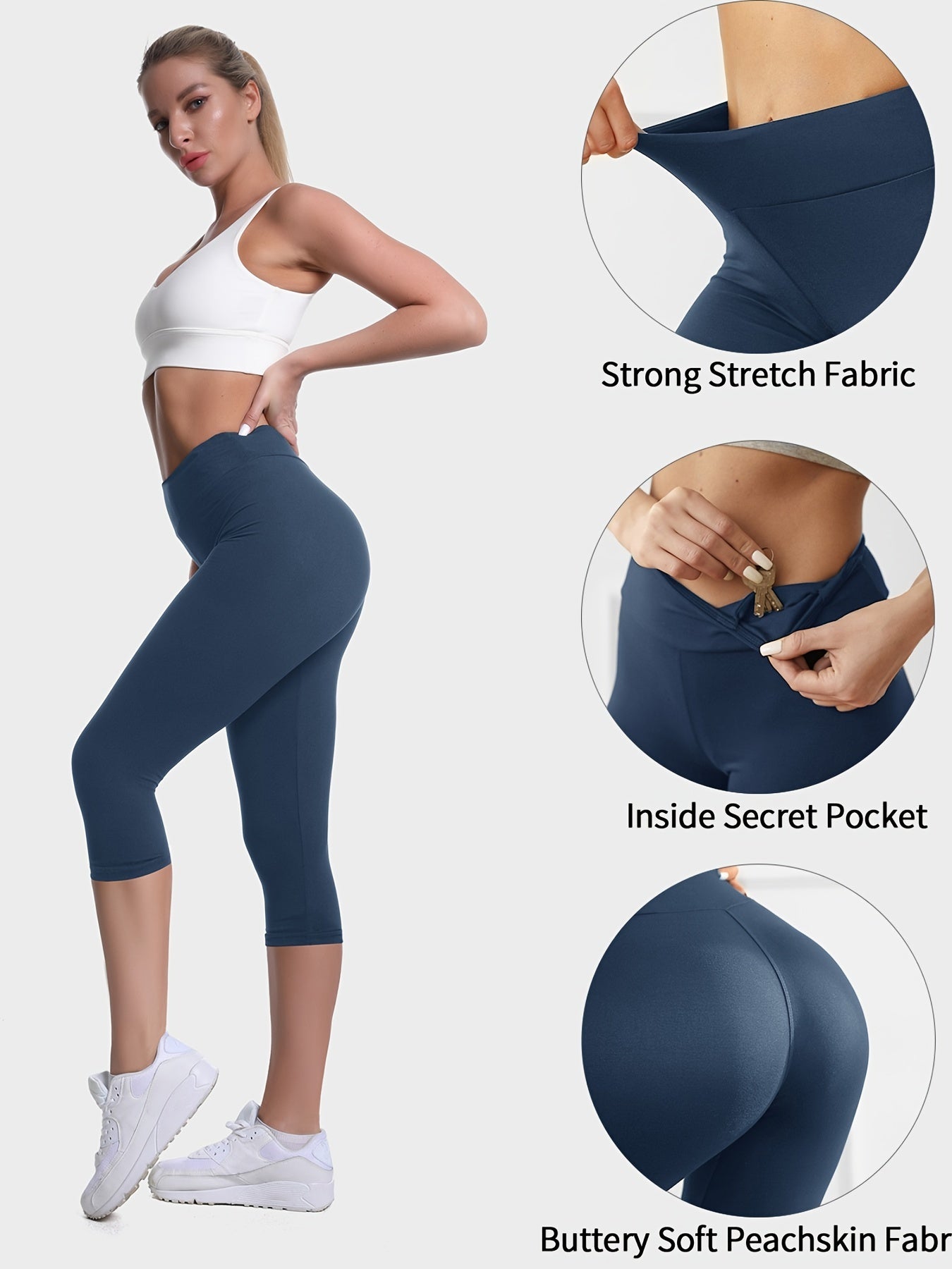 Women'S Plus Size Capri Leggings, High Waist Tummy Control, 4X Stretch, Pocket Detail, Solid Black, Knit Fabric, Polyester 92%, Spandex 8%, 210g/m², All Season Skinny Yoga Pants -