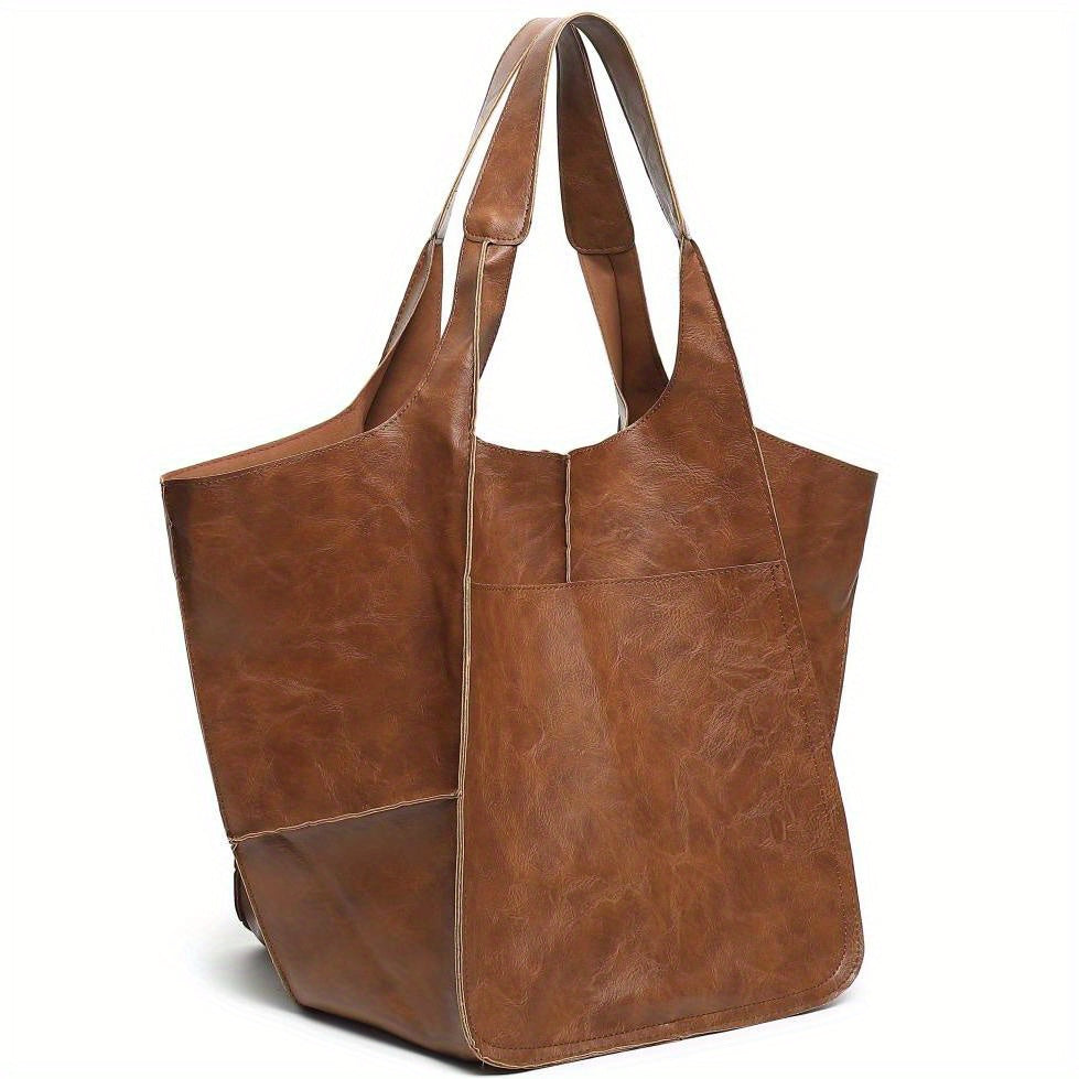 Large Capacity Retro PU Tote Bag For Women - Spacious & Stylish Handbag With Handy Front Pocket For Work, Travel & Everyday Chic -