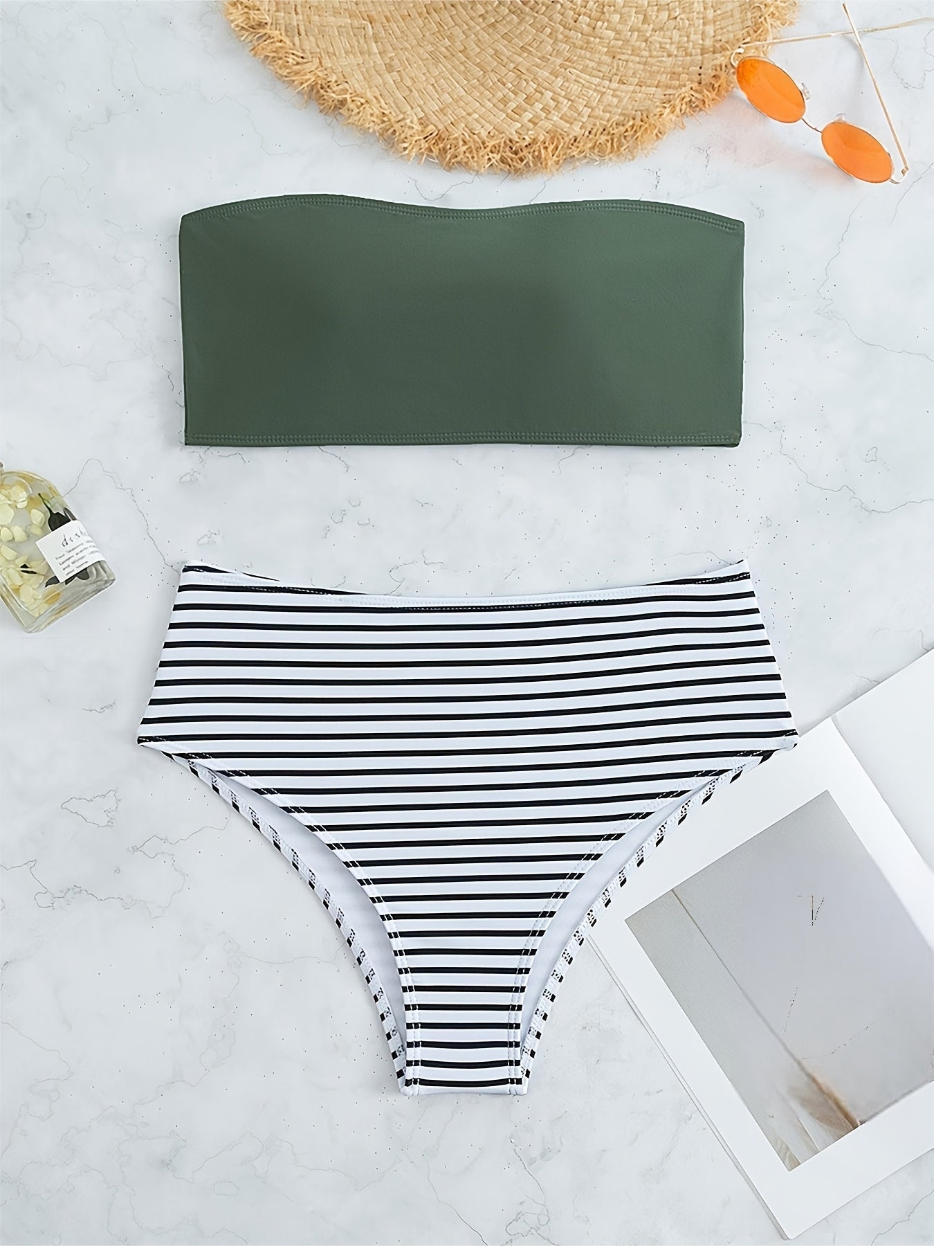 Striped Print Bandeau Two Piece Swimsuit, Army Green Strapless Tube Top, High Rise Black & White Striped Bottom Bikini Sets, Women's Swimwear & Clothing -