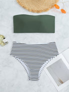 Striped Print Bandeau Two Piece Swimsuit, Army Green Strapless Tube Top, High Rise Black & White Striped Bottom Bikini Sets, Women's Swimwear & Clothing -
