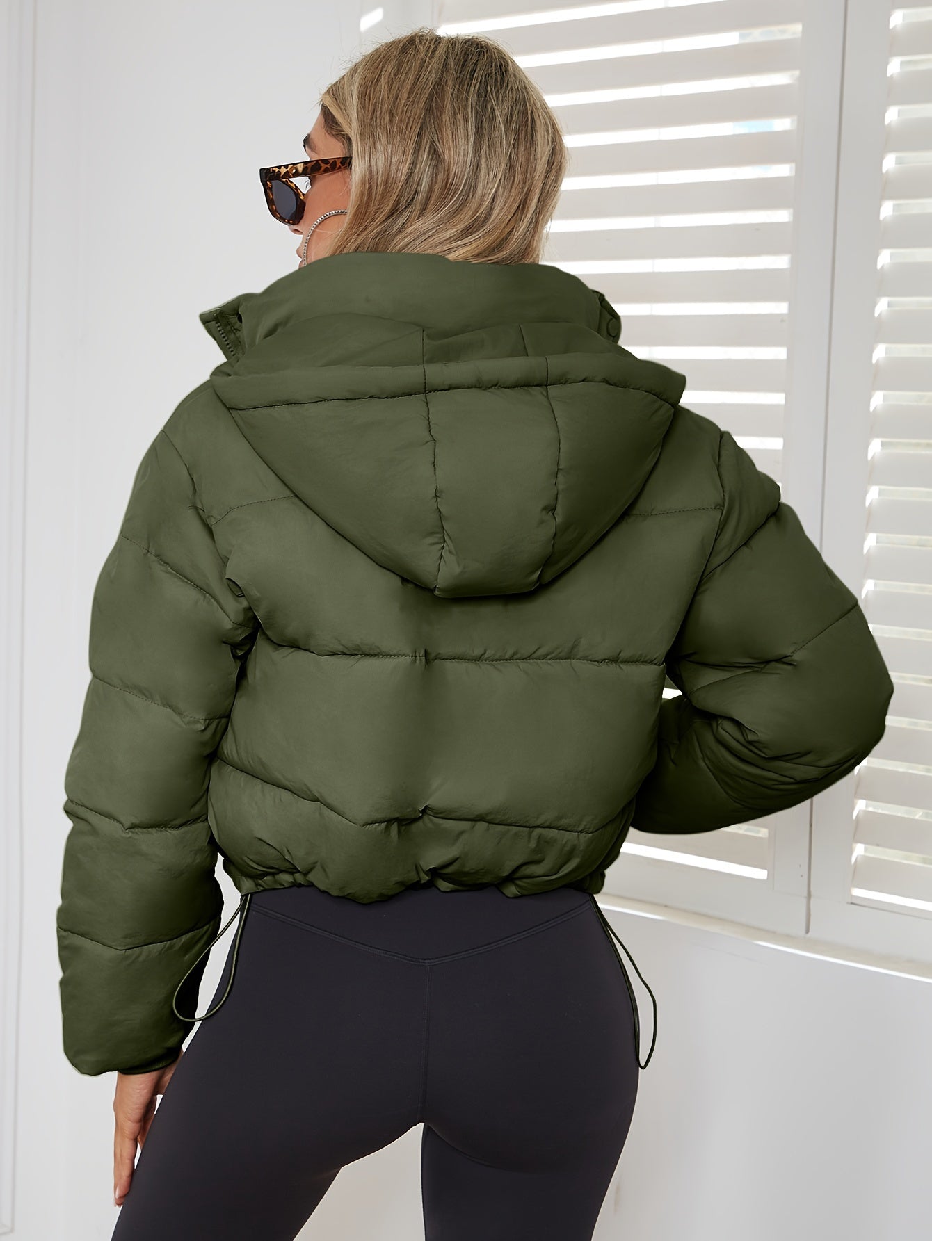 Women's Stylish Black Hooded Puffer Jacket - Casual Short Warm Outerwear with Drawstring Design, Long Sleeves, and Button-Up Front for Winter Comfort, Winter Jacket -