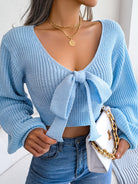 Sexy Bowknot V Neck Crop Sweater, Casual Lantern Long Sleeve Loose Fall Winter Knit Sweater, Women's Clothing -