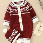 Newborn Infant Geometric Pattern Sweater Romper Long Sleeve Button Jumpsuit & Hat For Toddler Baby Boys And Girls, Suitable For Indoor And Outdoor Wear -