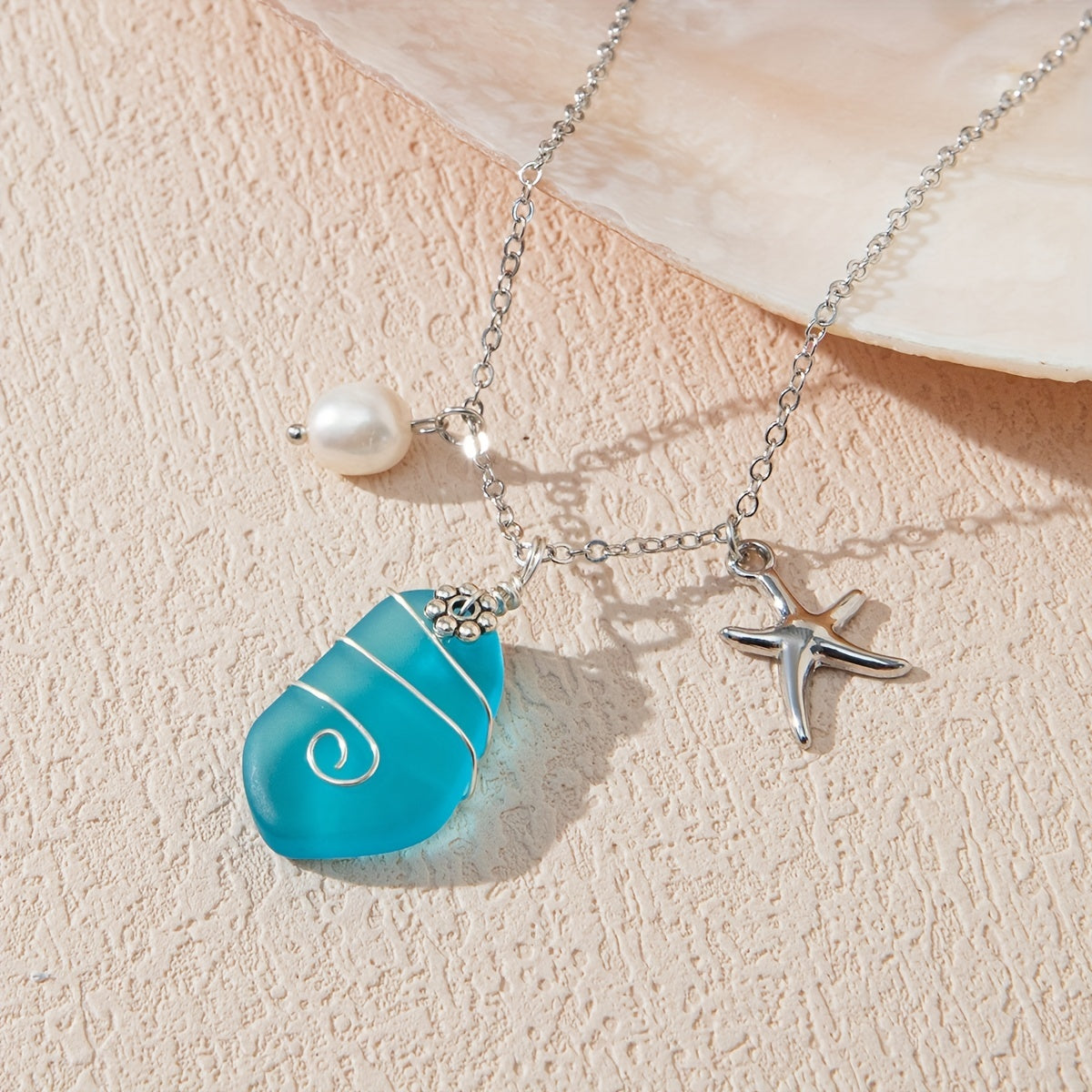 Sea Glass Pendant Necklace Marine Elements Shape Pendant Adjustable Neck Jewelry Summer Beach Style Clothings Accessories -
