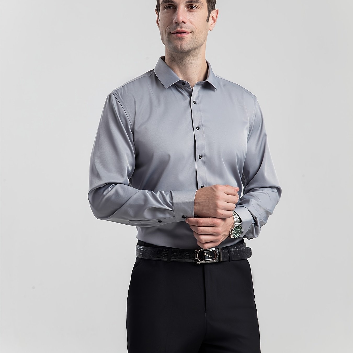 Men'S Slim-Fit Stretch Formal Shirt, Light Business Lapel Long Sleeve Shirt, Men'S Business Shirt Wrinkle-Resistant and Durable Solid Color Formal Long Sleeve Shirt with Buttons and Pockets Suitable for Work, Commuting, Datin -