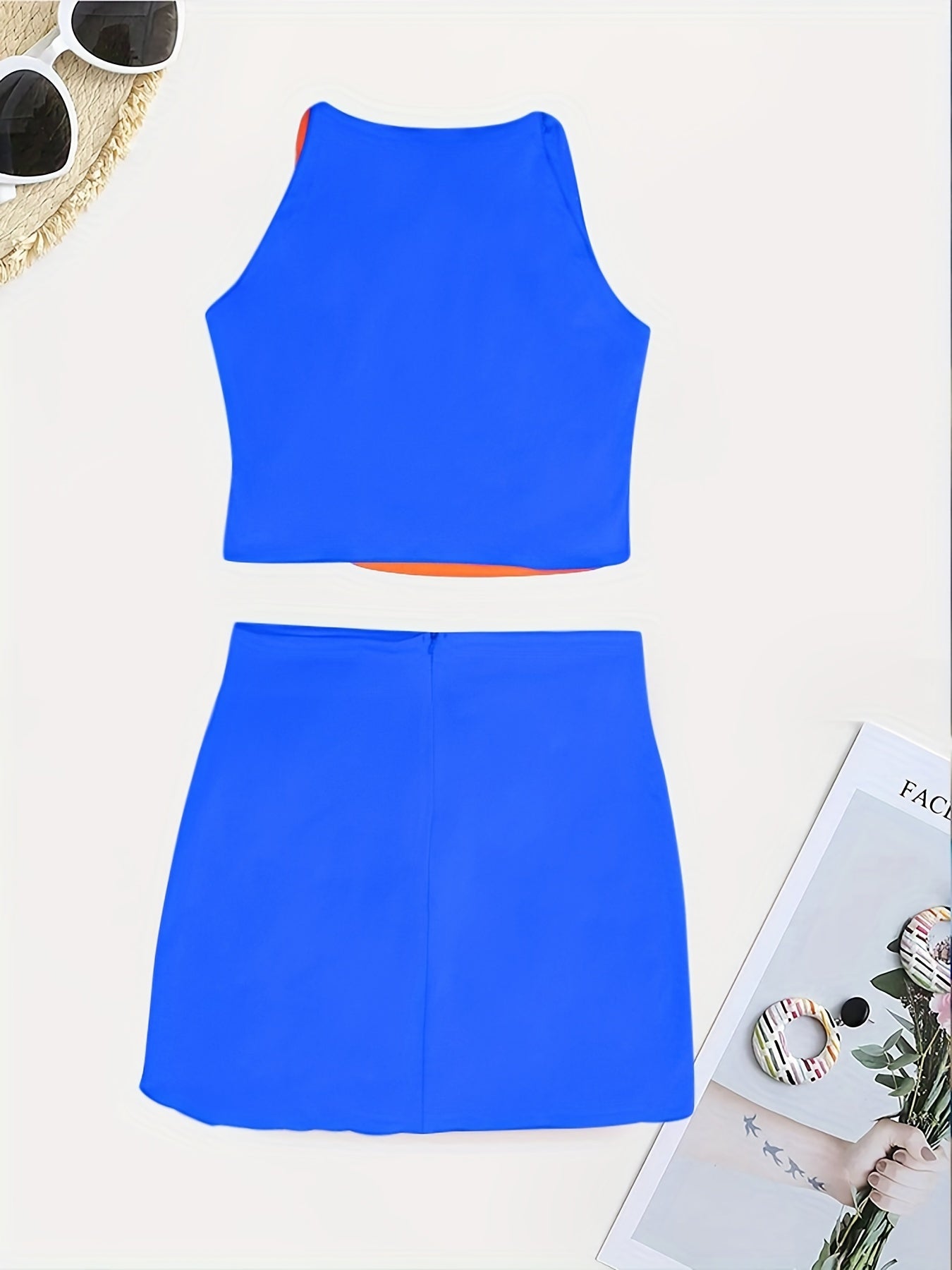 Beaded Color Block 2 Piece Set, Sexy Crop Halter Top & Asymmetrical High Waist Skirt, Women's Clothing -