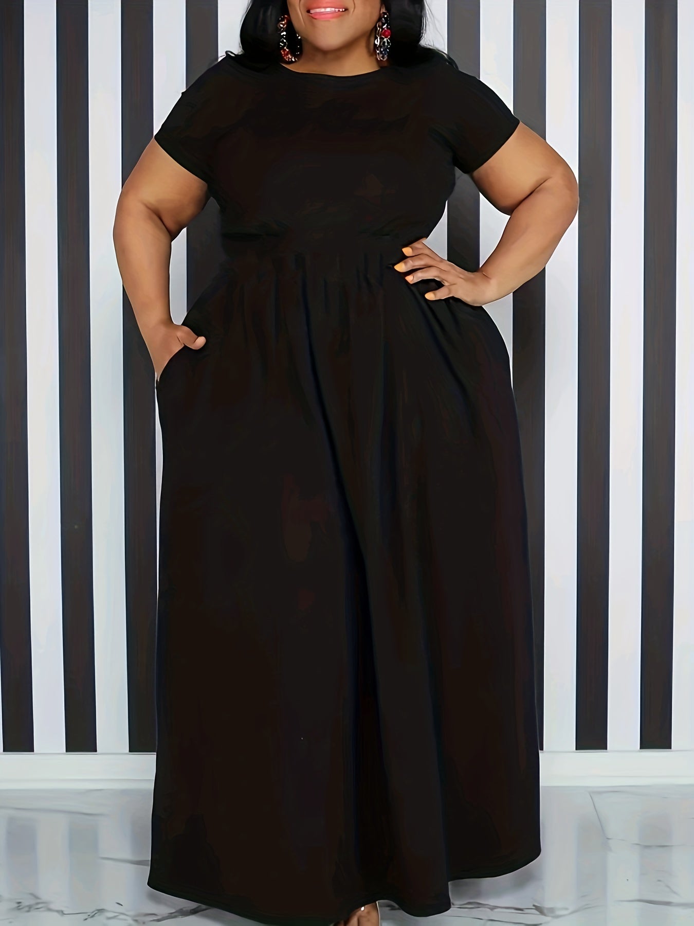 Plus Size Solid Short Sleeve Maxi Dress, Women's Plus Medium Stretch Elegant Long Dress -