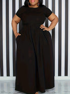 Plus Size Solid Short Sleeve Maxi Dress, Women's Plus Medium Stretch Elegant Long Dress -