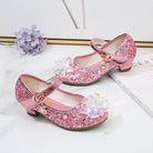 Girls' Elsa Princess High Heel Pumps - Sparkling Glitter Block Heel Shoes with Floral Embellishments, Lightweight Faux Cover for Spring & Fall, Weddings, Parties, Casual Wear, Shoes for Girls, Wedding Guest Shoes, Elegant Sho -