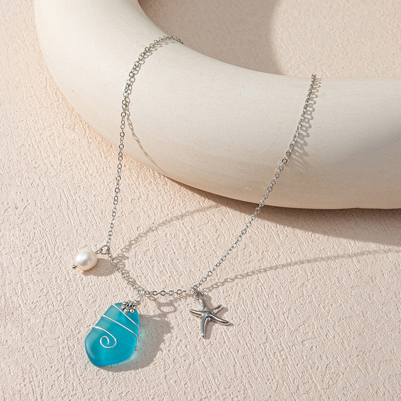 Sea Glass Pendant Necklace Marine Elements Shape Pendant Adjustable Neck Jewelry Summer Beach Style Clothings Accessories -