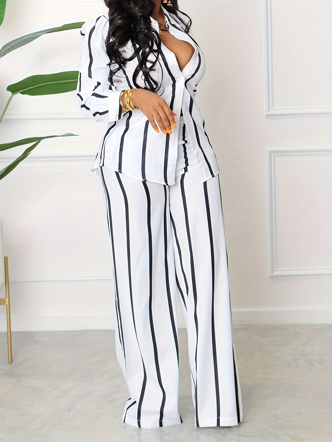 [Two-piece Set Long Sleeve Shirt] Striped Print Two-piece Set, Button Front Collar Long Sleeve Shirt & High Waist Wide Leg Loose Pants Set, Women's Clothing -