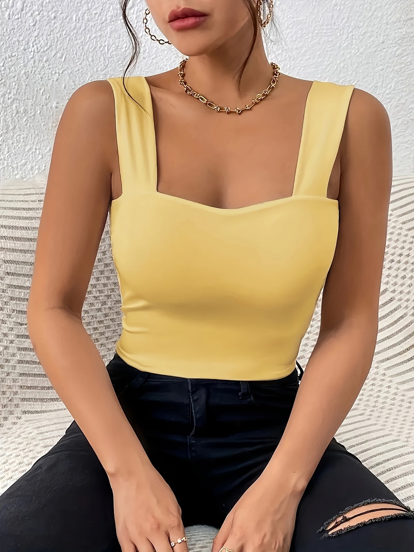 Stretchy Women's Crop Tank Top - Casual Everyday Essential - Soft, Breathable, Sleeveless, Solid Color, Comfortable, Relaxed Fit, Women's Clothing -