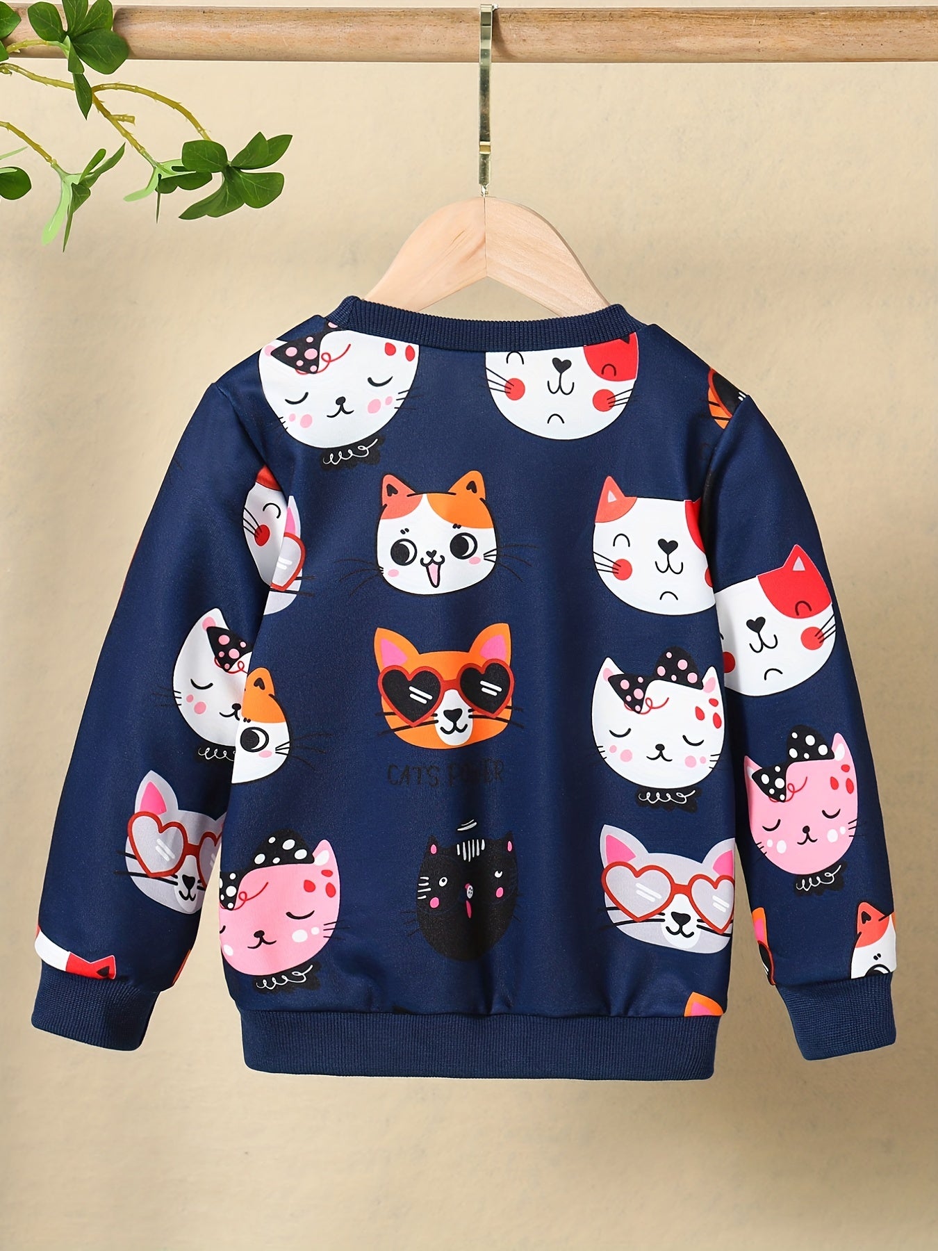 HWMFSNHFZ Girls' Lightweight Long Sleeve Cartoon Cat Print Sweatshirt - Soft Pink Crew Neck Casual Pullover for Spring & Fall, All-Season Comfort, Cute Sweaters -