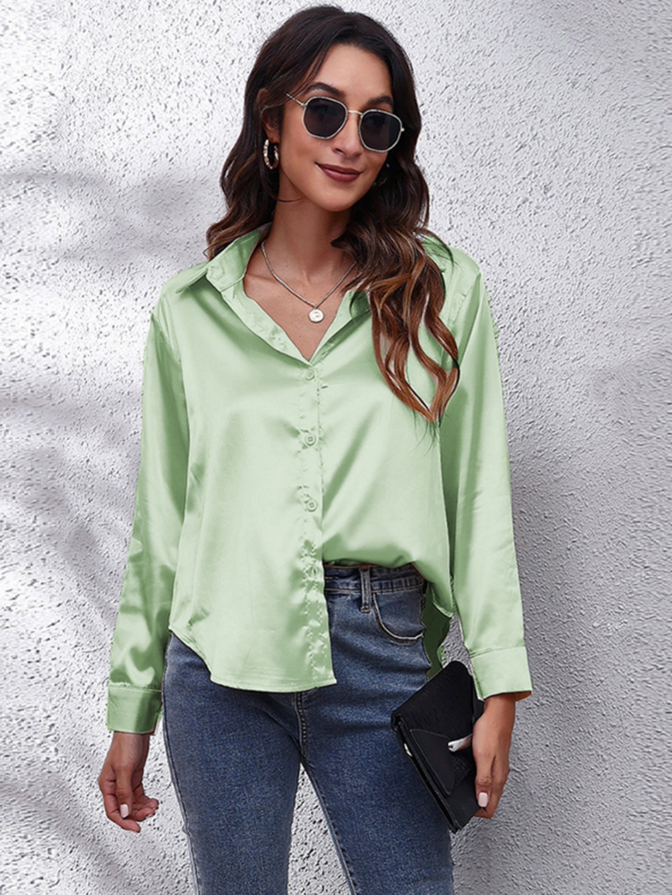Elegant Satin-Finish Long Sleeve Blouse for Women - Chic Solid Color, Non-Stretch Fabric, Perfect for Spring/Fall, Ideal for Formal Occasions, Ladies Blouses -