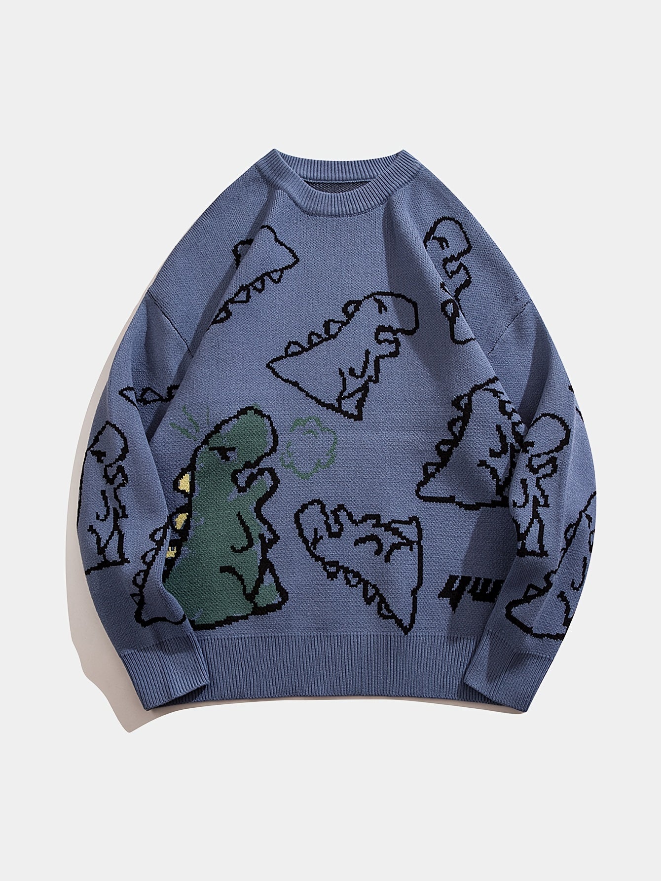 YWFG Unisex Casual Loose Fit Sweater - Black with Blue Dinosaur & Cloud Design, Long Sleeve Round Neck Pullover for Men & Women, Cozy Fall/Winter Knitwear, Dinosaur Clothes, Fall Winter Apparel, Playful Graphic Design, Comfor -
