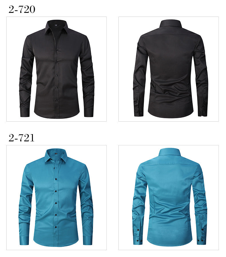 Men'S Slim-Fit Stretch Formal Shirt, Light Business Lapel Long Sleeve Shirt, Men'S Business Shirt Wrinkle-Resistant and Durable Solid Color Formal Long Sleeve Shirt with Buttons and Pockets Suitable for Work, Commuting, Datin -