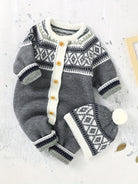 Newborn Infant Geometric Pattern Sweater Romper Long Sleeve Button Jumpsuit & Hat For Toddler Baby Boys And Girls, Suitable For Indoor And Outdoor Wear -