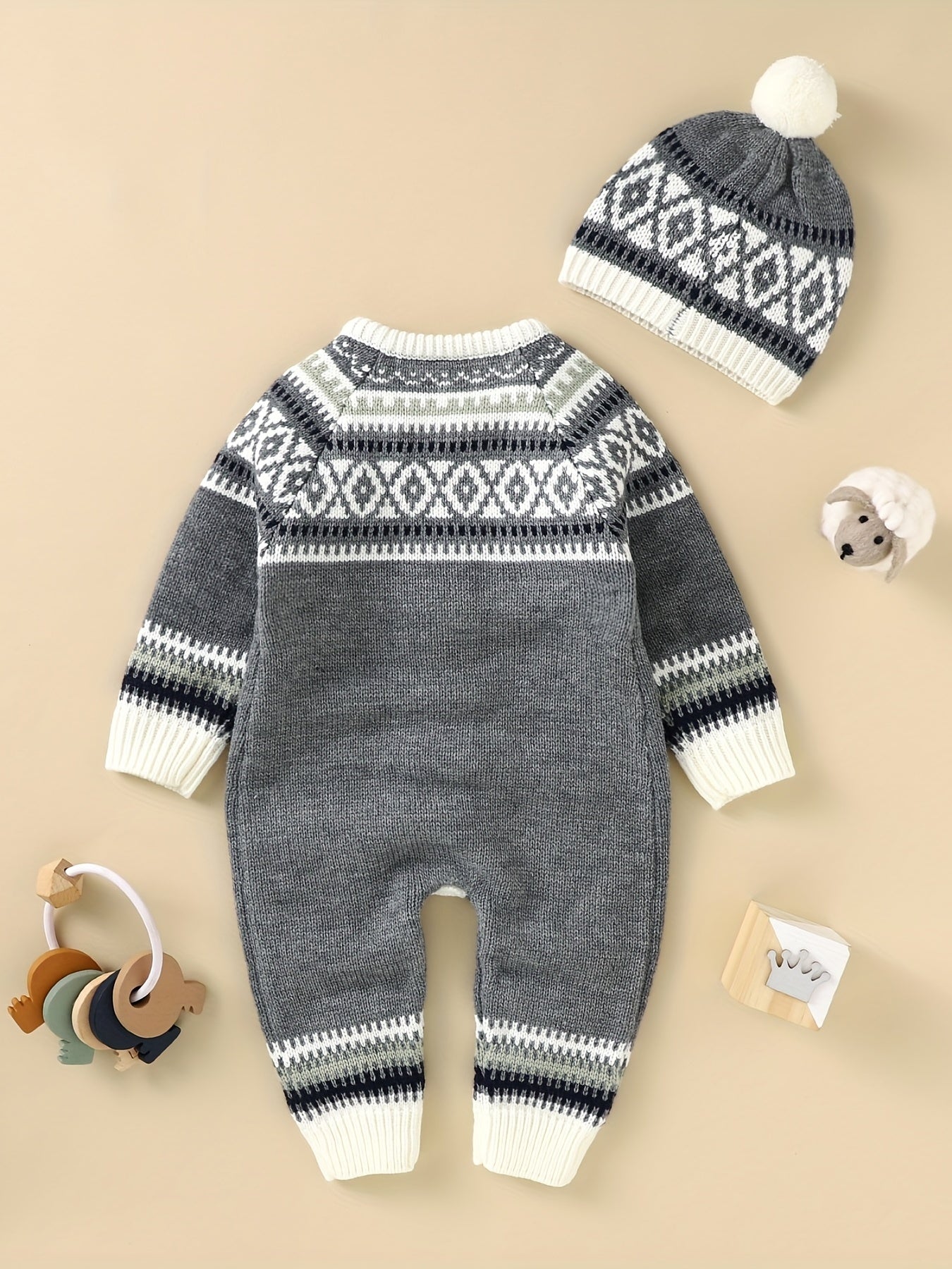 Newborn Infant Geometric Pattern Sweater Romper Long Sleeve Button Jumpsuit & Hat For Toddler Baby Boys And Girls, Suitable For Indoor And Outdoor Wear -