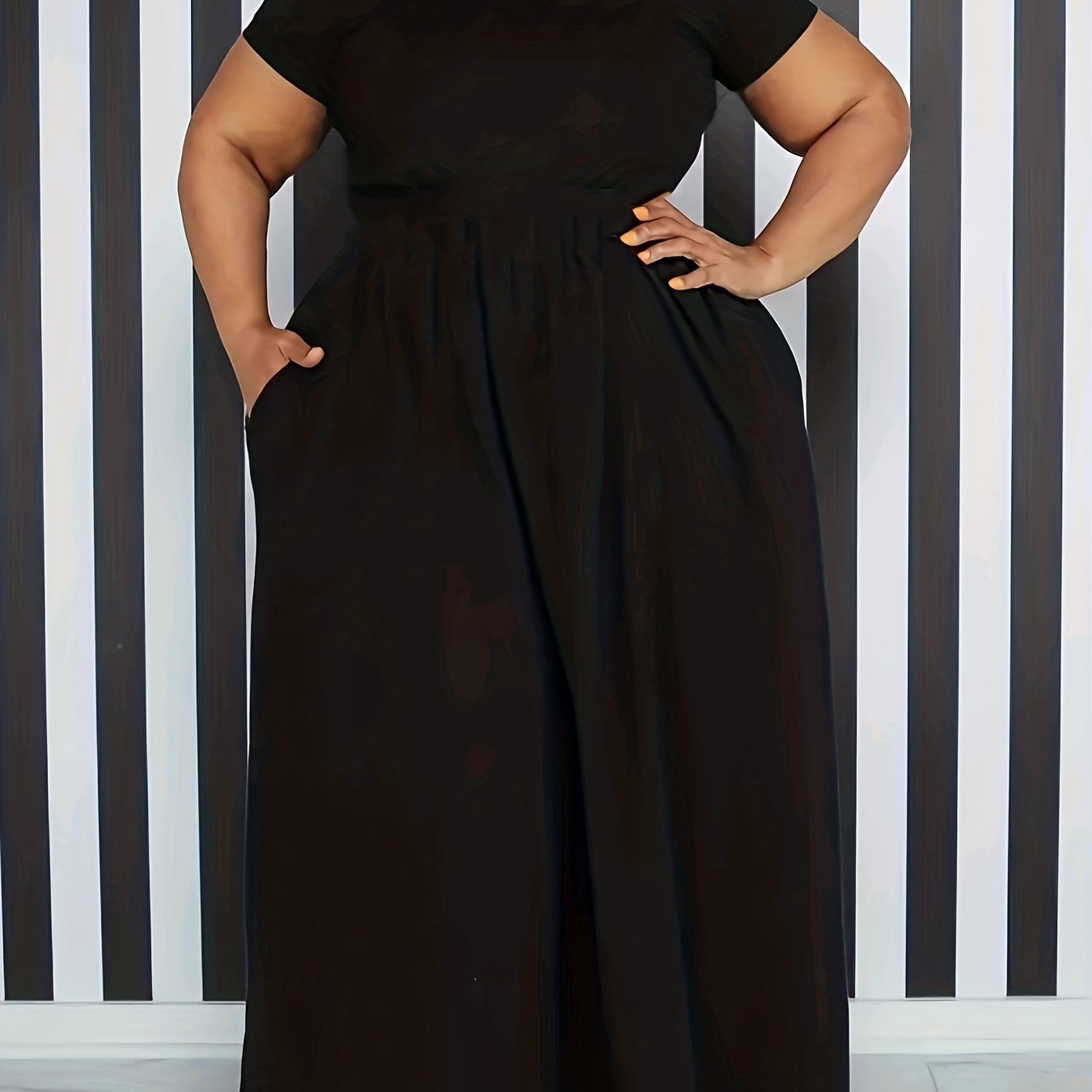 Plus Size Solid Short Sleeve Maxi Dress, Women's Plus Medium Stretch Elegant Long Dress -