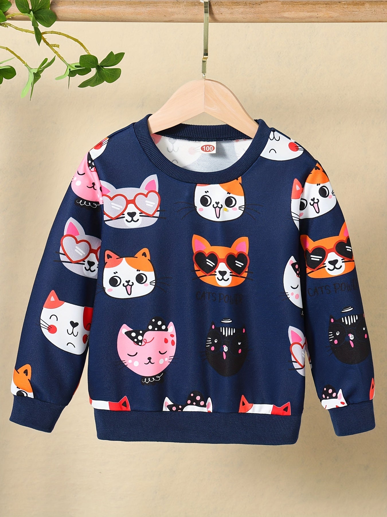HWMFSNHFZ Girls' Lightweight Long Sleeve Cartoon Cat Print Sweatshirt - Soft Pink Crew Neck Casual Pullover for Spring & Fall, All-Season Comfort, Cute Sweaters -