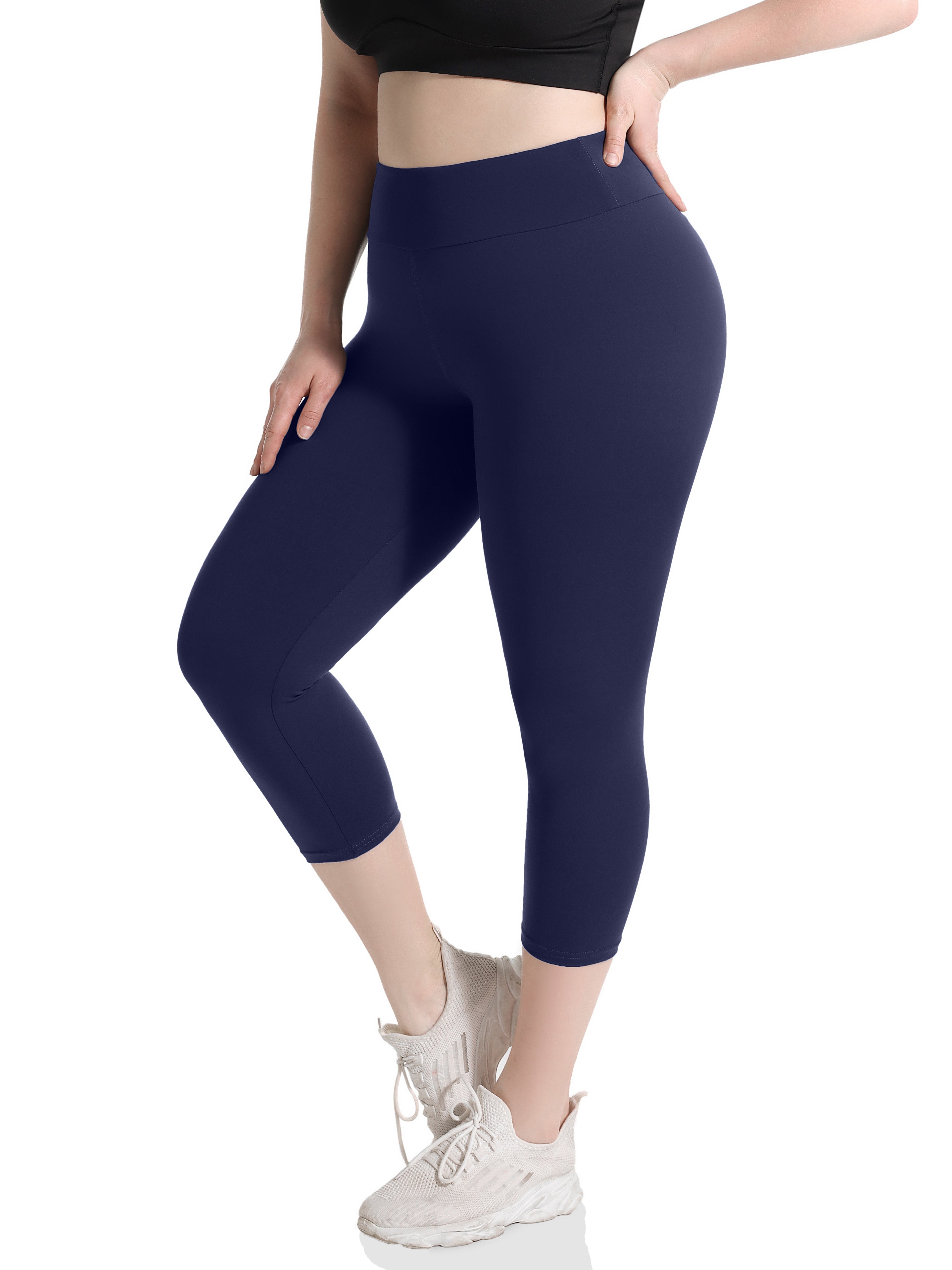 Women'S Plus Size Capri Leggings, High Waist Tummy Control, 4X Stretch, Pocket Detail, Solid Black, Knit Fabric, Polyester 92%, Spandex 8%, 210g/m², All Season Skinny Yoga Pants -