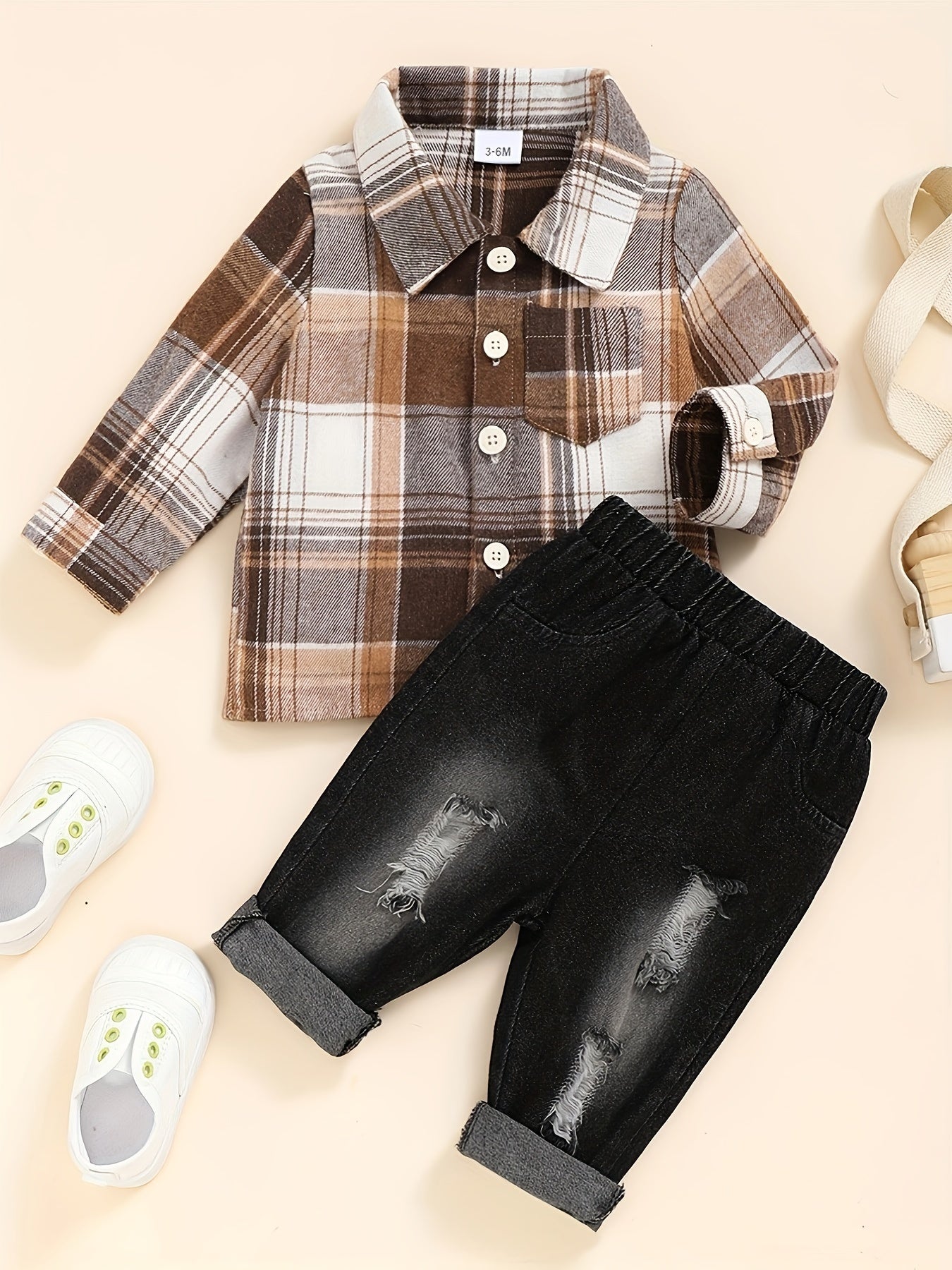 Dress him up in style with this boy's casual plaid button-up shirt and ripped denim pants set—cool and comfy! -