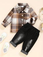 Dress him up in style with this boy's casual plaid button-up shirt and ripped denim pants set—cool and comfy! -