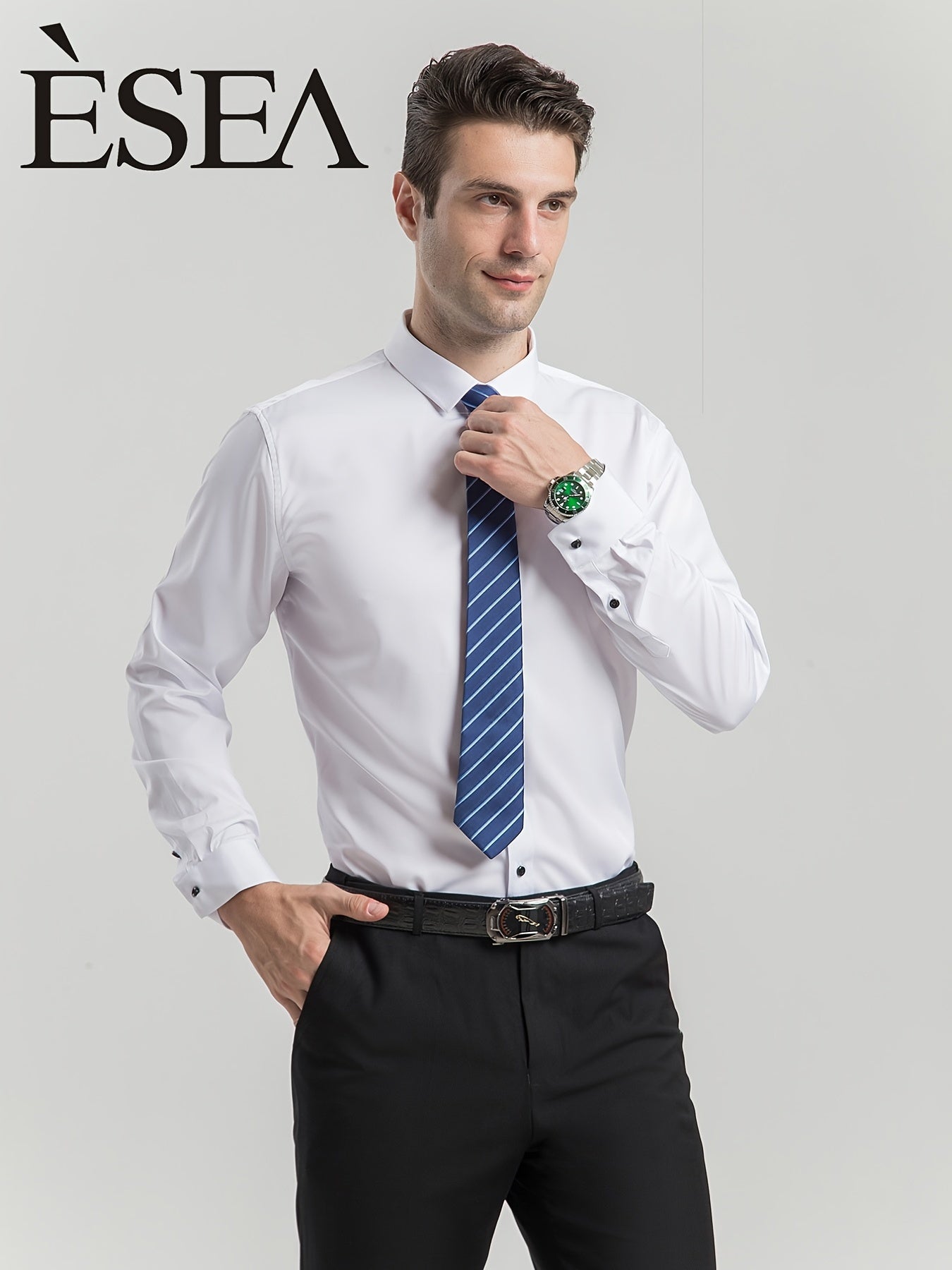 Men'S Slim-Fit Stretch Formal Shirt, Light Business Lapel Long Sleeve Shirt, Men'S Business Shirt Wrinkle-Resistant and Durable Solid Color Formal Long Sleeve Shirt with Buttons and Pockets Suitable for Work, Commuting, Datin -