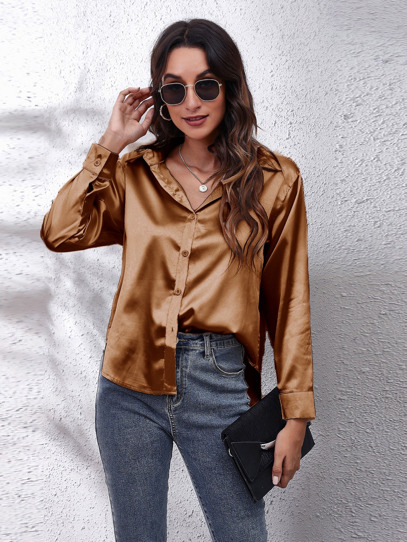 Elegant Satin-Finish Long Sleeve Blouse for Women - Chic Solid Color, Non-Stretch Fabric, Perfect for Spring/Fall, Ideal for Formal Occasions, Ladies Blouses -