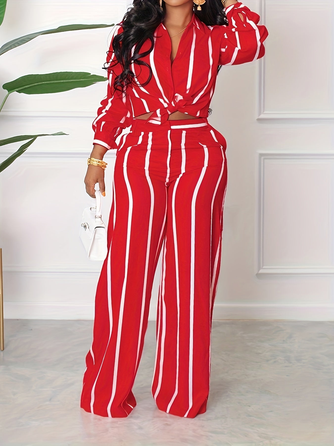 [Two-piece Set Long Sleeve Shirt] Striped Print Two-piece Set, Button Front Collar Long Sleeve Shirt & High Waist Wide Leg Loose Pants Set, Women's Clothing -