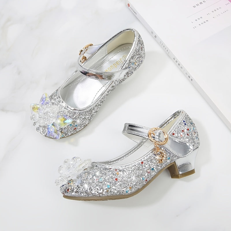 Girls' Elsa Princess High Heel Pumps - Sparkling Glitter Block Heel Shoes with Floral Embellishments, Lightweight Faux Cover for Spring & Fall, Weddings, Parties, Casual Wear, Shoes for Girls, Wedding Guest Shoes, Elegant Sho -