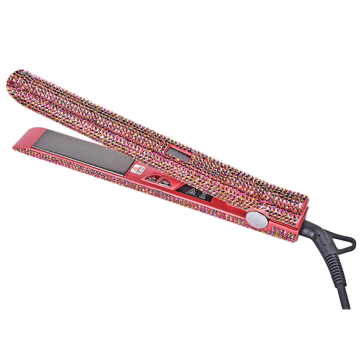 Style like a pro with this 2-in-1 professional hair straightener and curler, encrusted for that extra glam! -