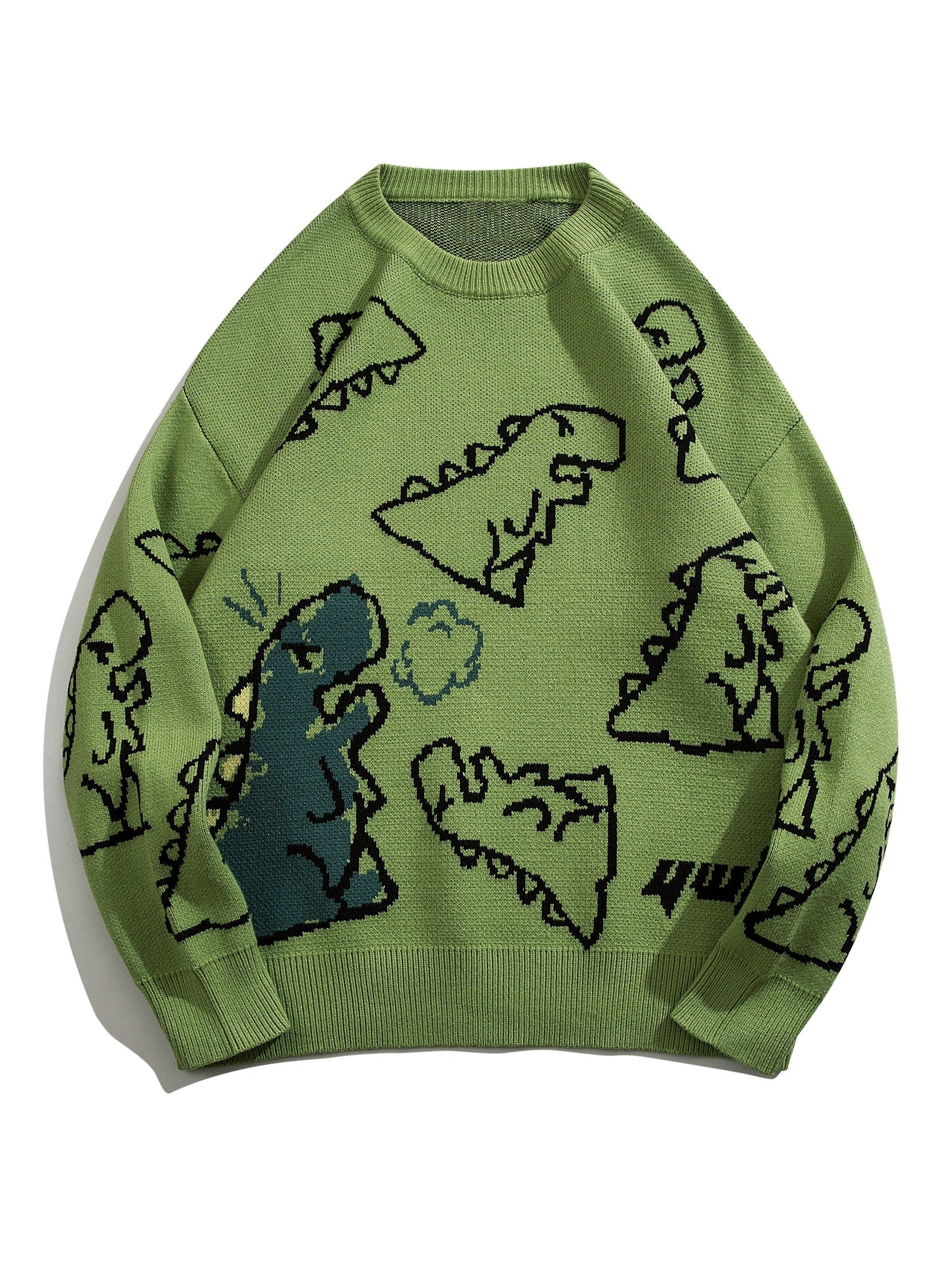 YWFG Unisex Casual Loose Fit Sweater - Black with Blue Dinosaur & Cloud Design, Long Sleeve Round Neck Pullover for Men & Women, Cozy Fall/Winter Knitwear, Dinosaur Clothes, Fall Winter Apparel, Playful Graphic Design, Comfor -