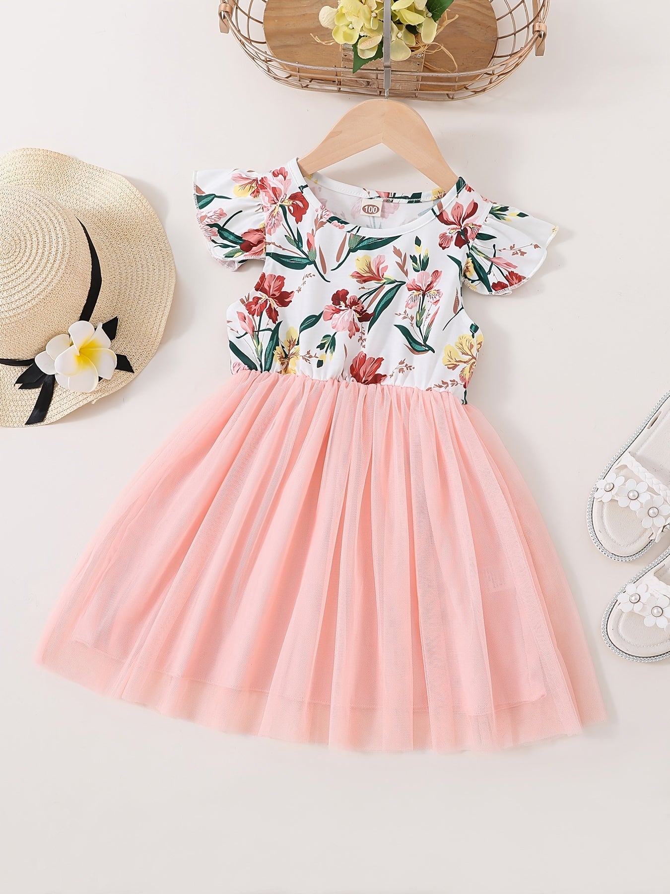Girls' Floral dress - Floral print party & Everyday summer dress, Pastel pink Floral skirts, Machine Washable Girls' Clothing for Birthdays, Garden Parties, Family Outings - HWMFSNHFZ, Round Neckline Top, Nontransparent Fabri -