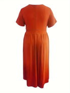 Plus Size Solid Short Sleeve Maxi Dress, Women's Plus Medium Stretch Elegant Long Dress -