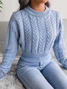 Cable Crew Neck Crop Sweater, Casual Waist Long Sleeve Fall Winter Knit Crop Sweater, Women's Clothing -