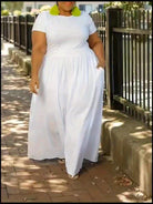 Plus Size Solid Short Sleeve Maxi Dress, Women's Plus Medium Stretch Elegant Long Dress -