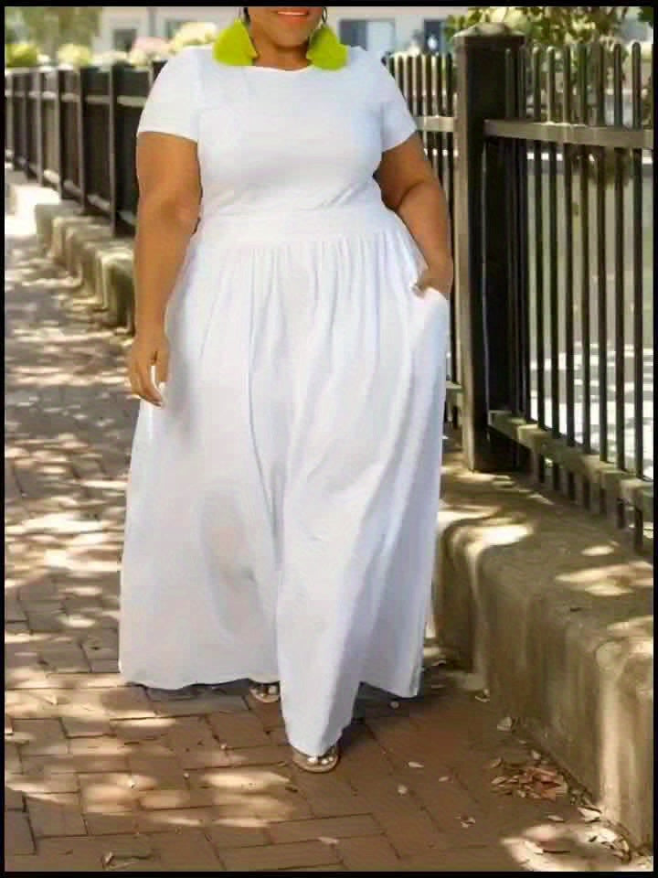 Plus Size Solid Short Sleeve Maxi Dress, Women's Plus Medium Stretch Elegant Long Dress -