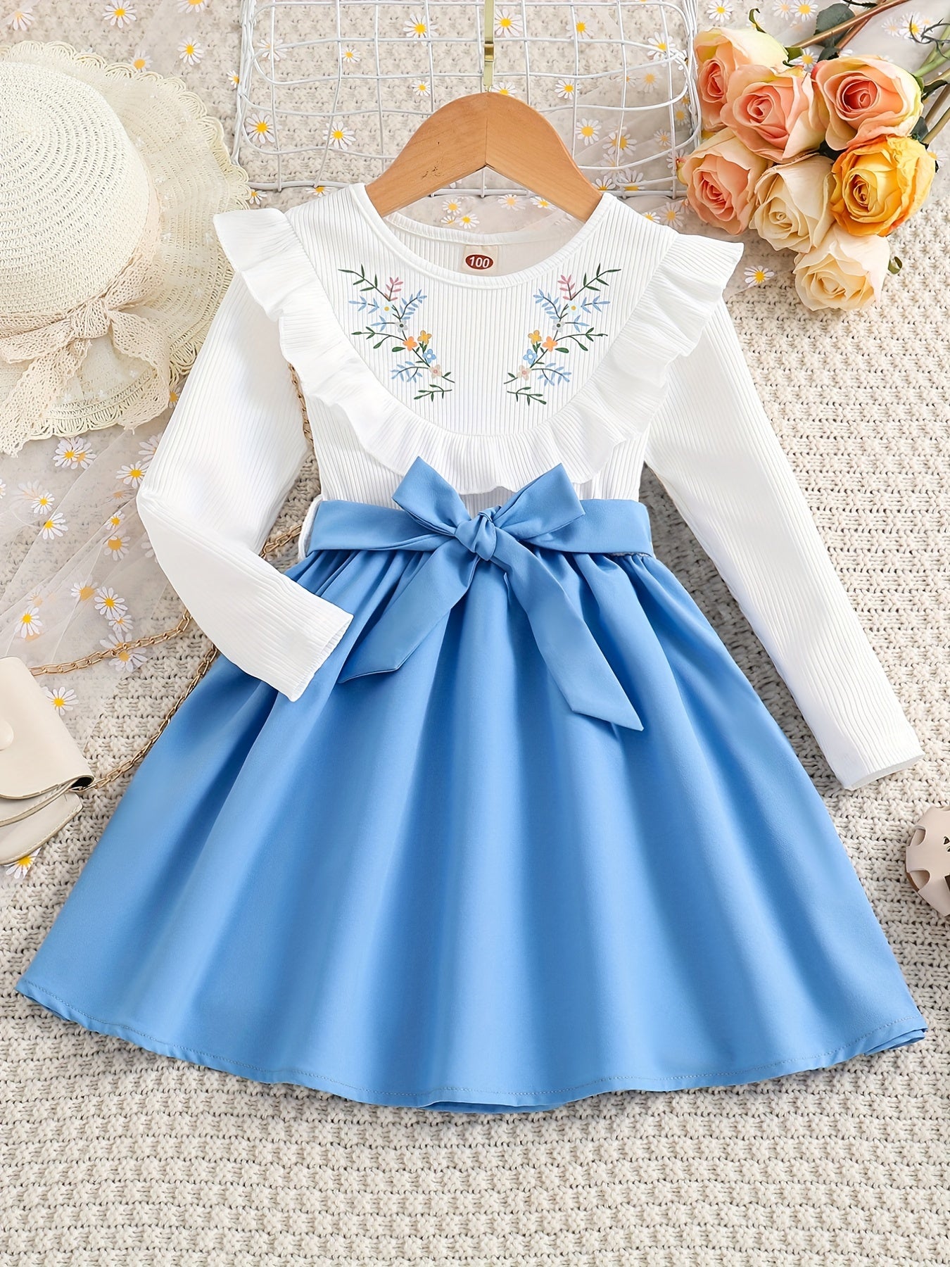 Girls' Floral Print Long Sleeve Dress with Belt - Knee-Length Round Neck Casual Outfit, Pink & White V-Neck Design for Spring & Fall, Dresses for Girls, Seasonal Fashion, Vneck Dress, Nontransparent Fabric -
