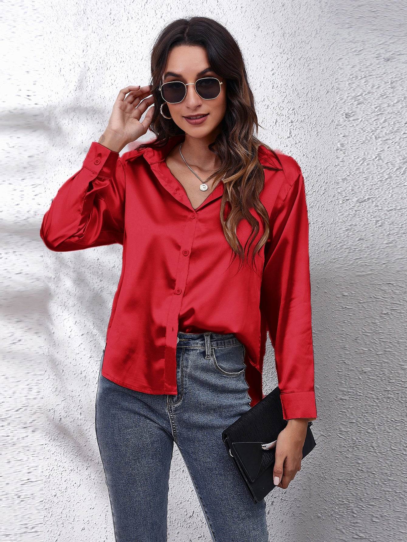 Elegant Satin-Finish Long Sleeve Blouse for Women - Chic Solid Color, Non-Stretch Fabric, Perfect for Spring/Fall, Ideal for Formal Occasions, Ladies Blouses -