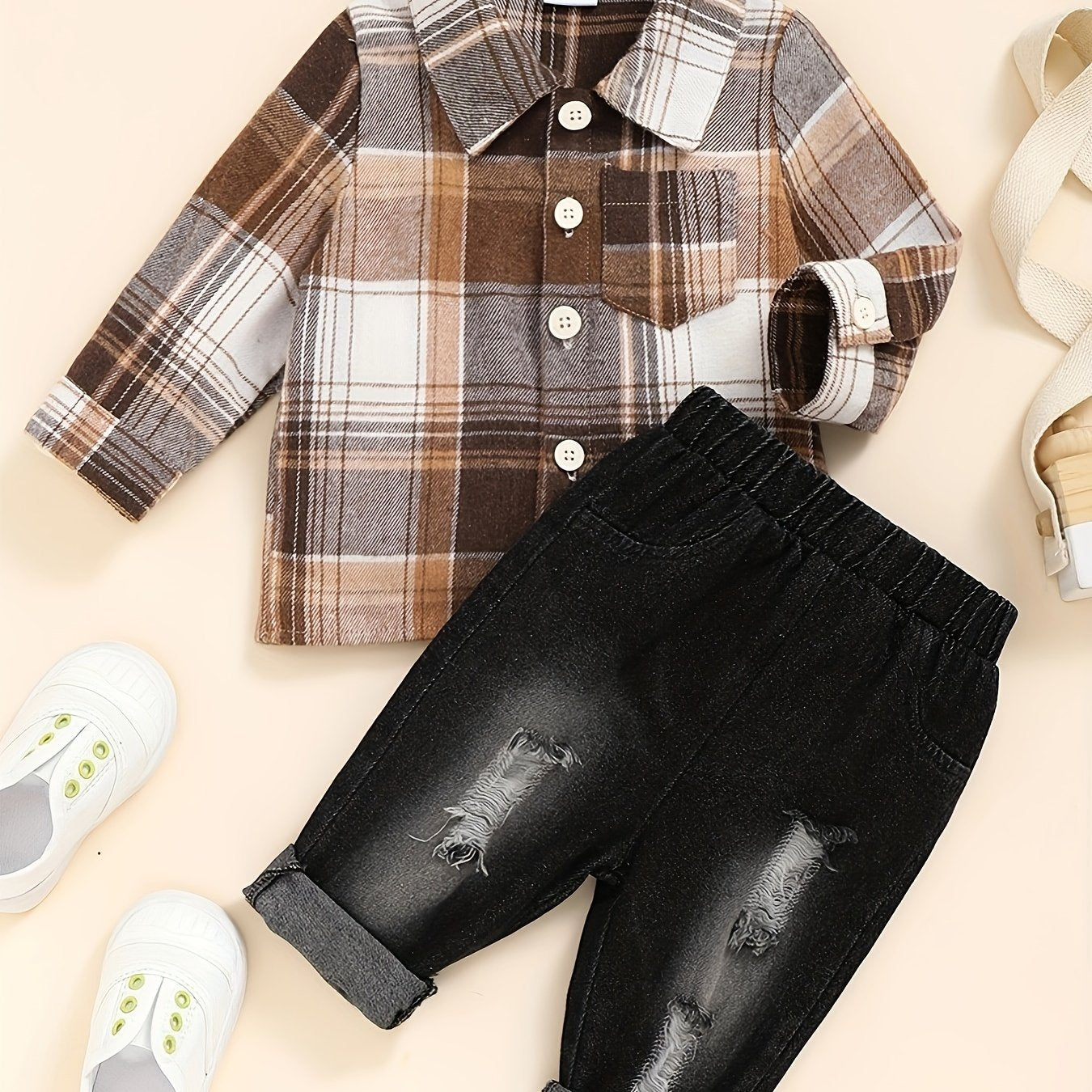 Dress him up in style with this boy's casual plaid button-up shirt and ripped denim pants set—cool and comfy! -