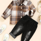 Dress him up in style with this boy's casual plaid button-up shirt and ripped denim pants set—cool and comfy! -
