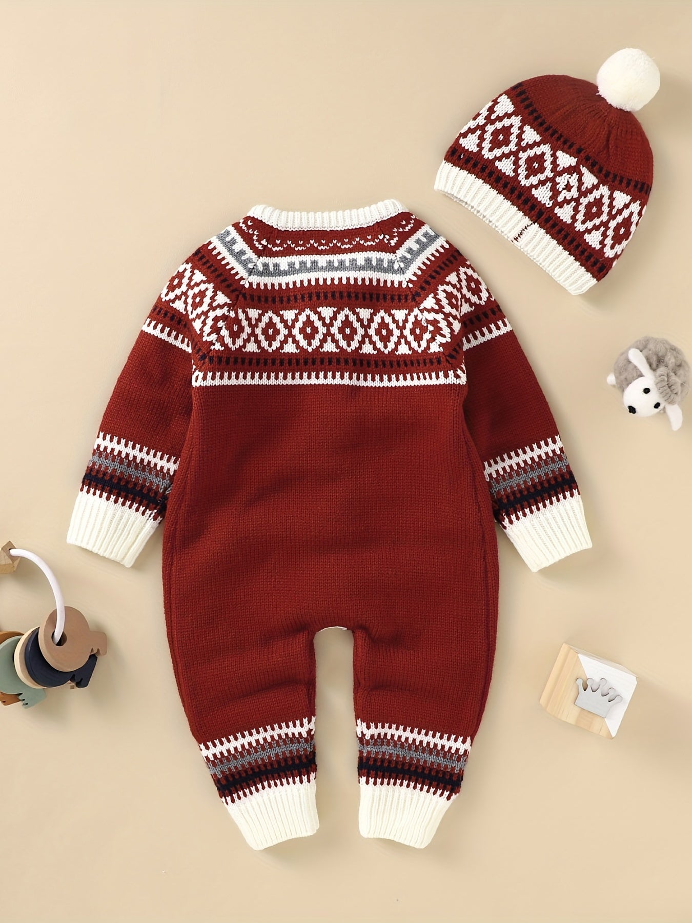 Newborn Infant Geometric Pattern Sweater Romper Long Sleeve Button Jumpsuit & Hat For Toddler Baby Boys And Girls, Suitable For Indoor And Outdoor Wear -