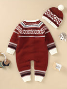 Newborn Infant Geometric Pattern Sweater Romper Long Sleeve Button Jumpsuit & Hat For Toddler Baby Boys And Girls, Suitable For Indoor And Outdoor Wear -
