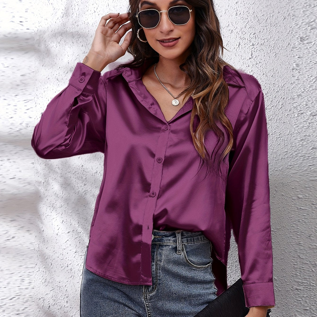 Elegant Satin-Finish Long Sleeve Blouse for Women - Chic Solid Color, Non-Stretch Fabric, Perfect for Spring/Fall, Ideal for Formal Occasions, Ladies Blouses -