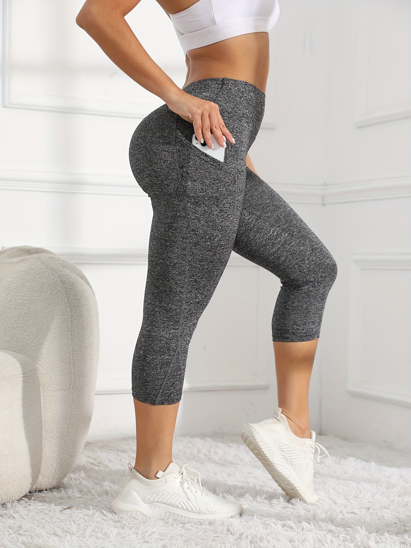 Women's High-Waisted 7/8 Length Leg Workout Leggings - Full-Length Leg Muscle-Building Gym Pants with Pockets, Solid Green Yoga Pants for Cycling, Pilates, Training | All-Season Fitness Pants with 7/8th Leg Coverage, Smooth T -