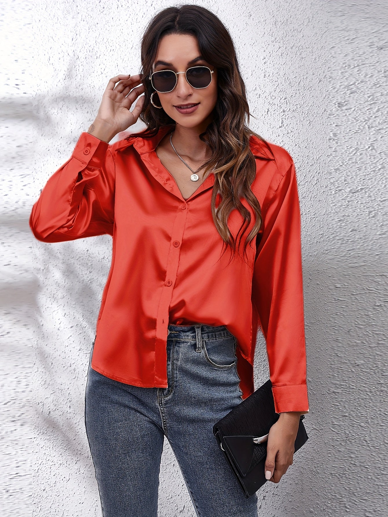 Elegant Satin-Finish Long Sleeve Blouse for Women - Chic Solid Color, Non-Stretch Fabric, Perfect for Spring/Fall, Ideal for Formal Occasions, Ladies Blouses -