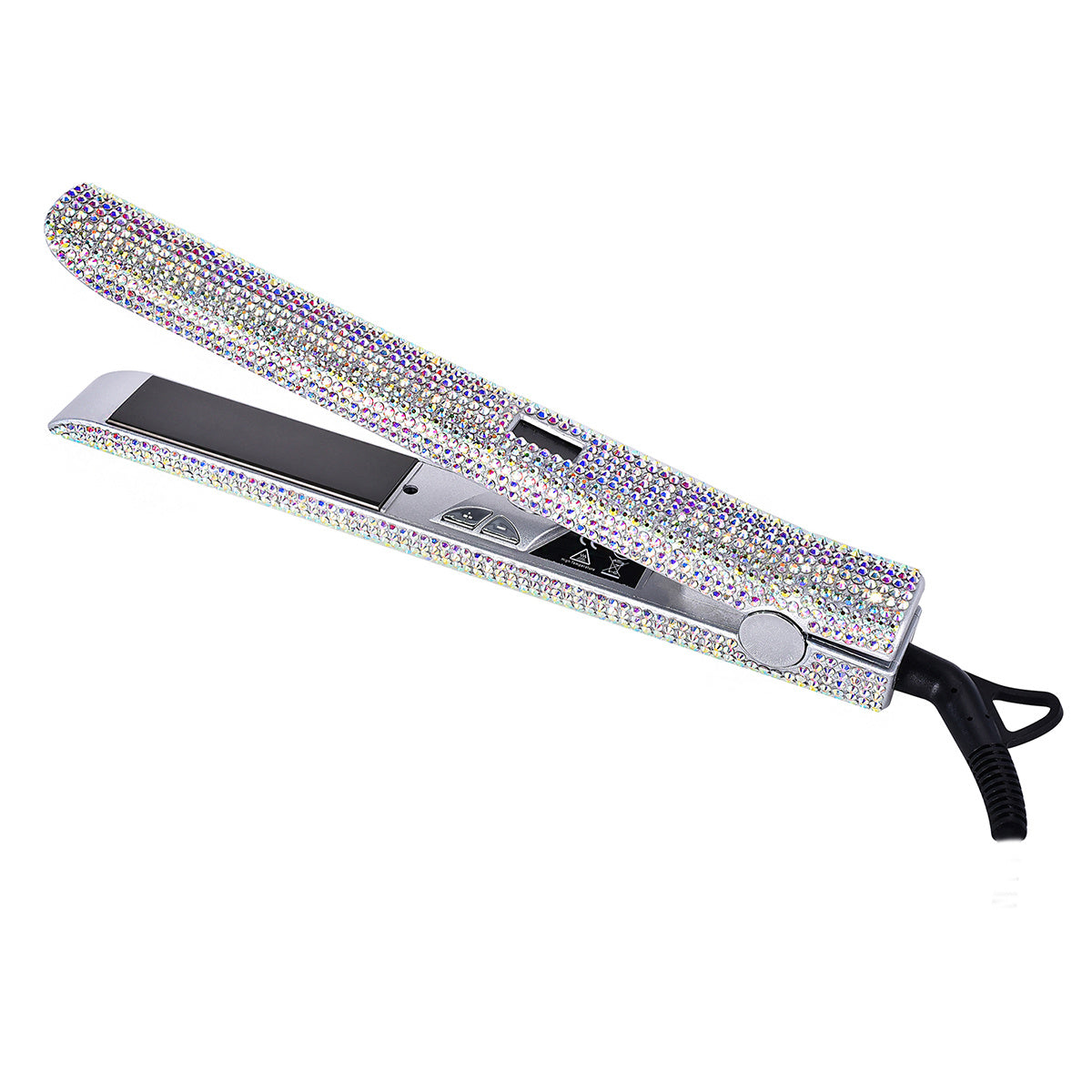 Style like a pro with this 2-in-1 professional hair straightener and curler, encrusted for that extra glam! -